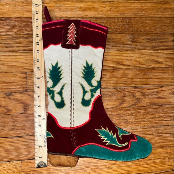 Western velvet cowboy boot Christmas stocking country Holiday decor cowgirl EUC - Picture 3 of 6